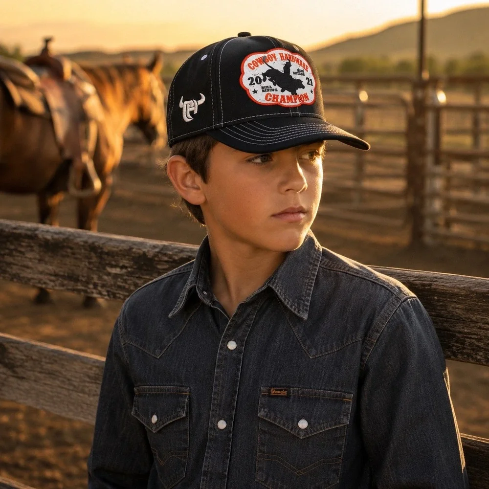 Cowboy Hardware Hat Kids Black Bull Riding Champion Western Cap Youth Adjustable
